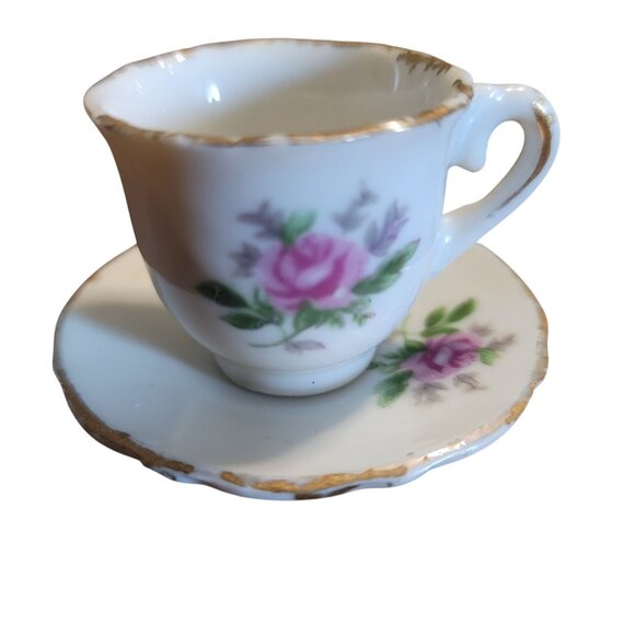 Made In Japan Porcelain Vintage Mini Tea Cup Saucer Set Rose Design Gold Trim - Picture 1 of 5